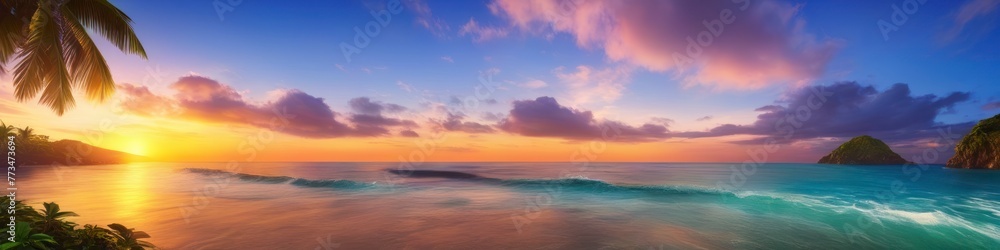 Obraz premium Abstract midsummer illustration tropical ocean shore on sunset background. The concept of travel, vacation. Background for social media banner, website and for your design, space for text.