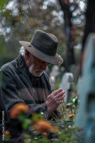 A man in a hat admiring colorful flowers, suitable for gardening or nature concepts