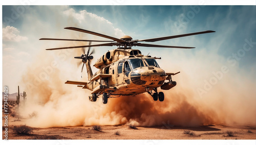 generic military chopper crosses fire and smoke