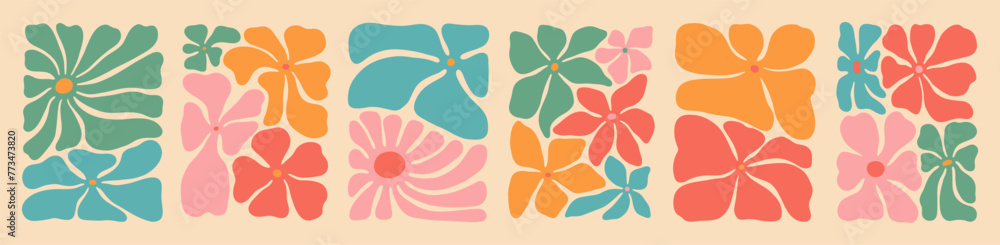 Fototapeta premium Colorful retro flower illustration set. Vintage style hippie floral clipart element design collection. Hand drawn nature collage, spring season drawing bundle with daisy flowers.