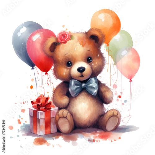 Brown Teddy Bear Sitting With Bunch of Balloons