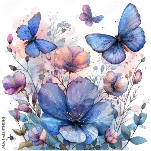 Blue Flowers and Butterflies Painting