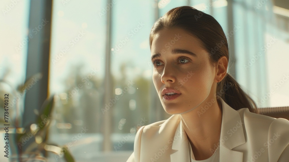 A woman sitting at a table in front of a window. Suitable for lifestyle or home office concepts
