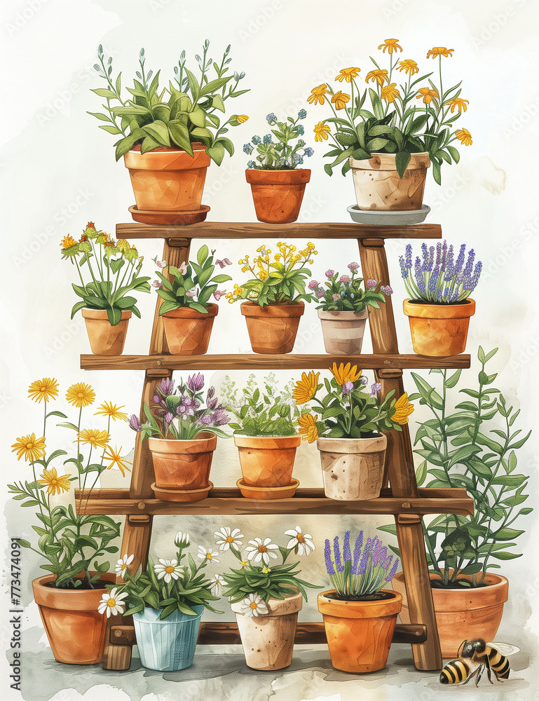 Fototapeta premium flower pots with ornamental indoor plants on the shelf. clipart, flat illustration