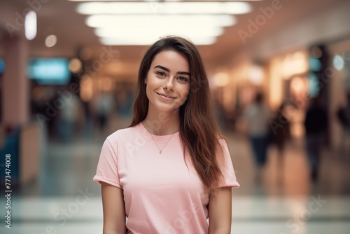 A woman in a pink shirt is smiling at the camera in a mall