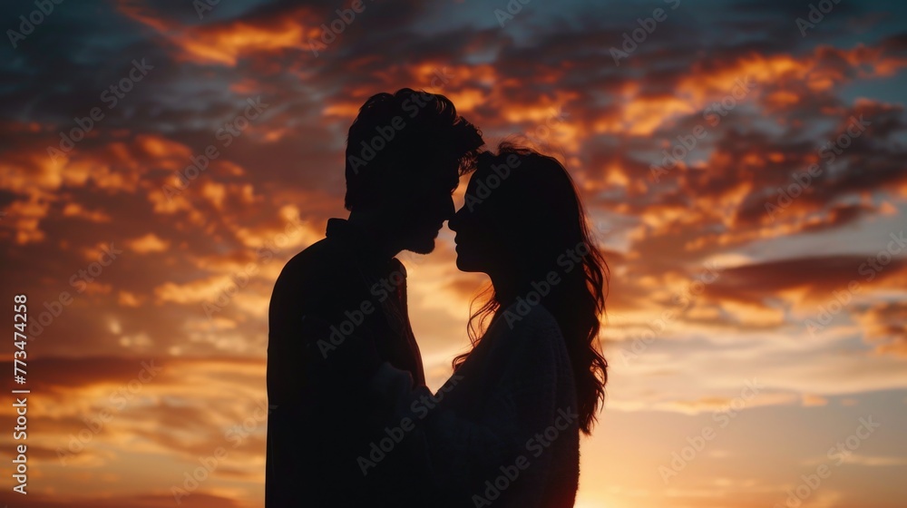 Silhouette of a man and woman against a beautiful sunset. Perfect for romantic themes