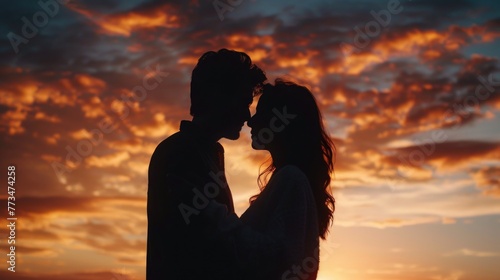 Silhouette of a man and woman against a beautiful sunset. Perfect for romantic themes