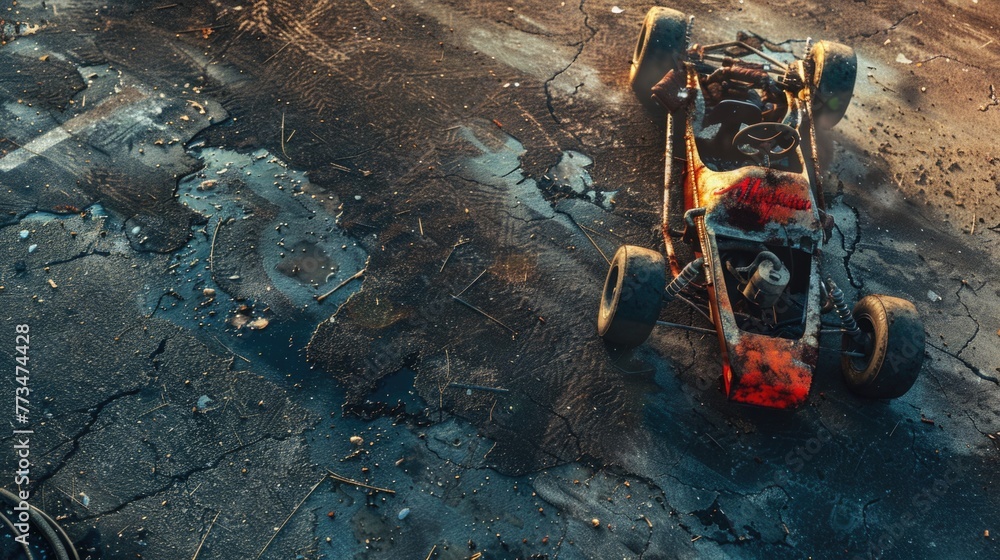 Small toy car sitting on top of a dirty road, suitable for transportation concepts Small toy car sitting on top of a dirty road, suitable for transportation concepts
