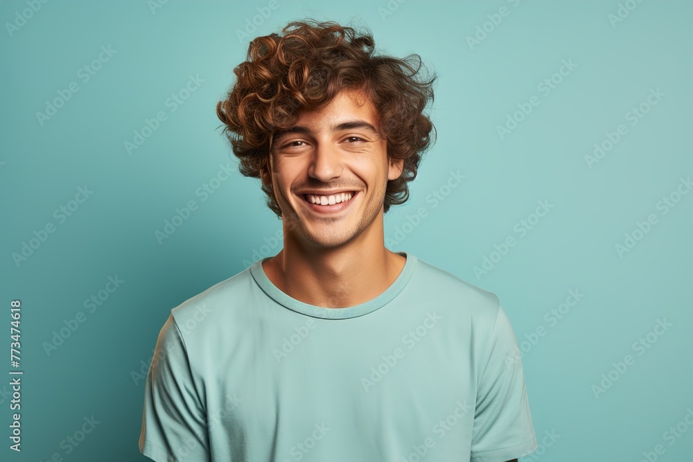 A man with curly hair is smiling and wearing a blue shirt A man with curly hair is smiling and wearing a blue shirt