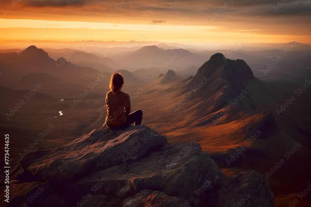 Woman sitting on top of a mountain