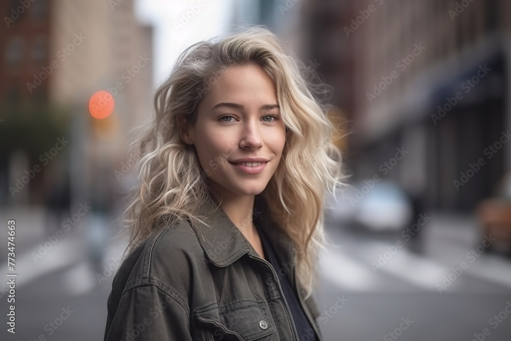 A blonde woman is smiling and standing on a city street