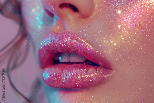 close up of glittering pink lips with cosmetic sparkles