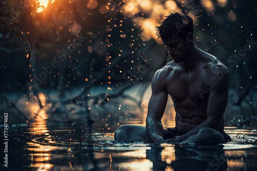 A man is sitting in the water with his arms crossed