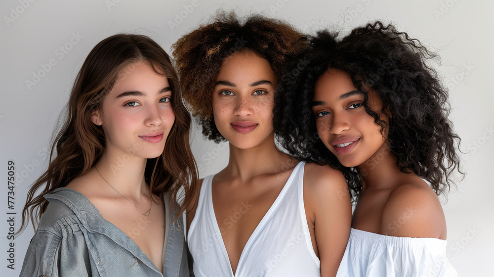 Portrait of three joyful multiracial girls on a white background standing together and smiling at the camera. Simple makeup with a natural look. Portrait of three joyful multiracial girls on a white background standing together and smiling at the camera. Simple makeup with a natural look.
