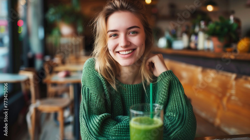 cute girl in a green jacket drinks a green smoothie while sitting in a cafe. Healthy eating concept.