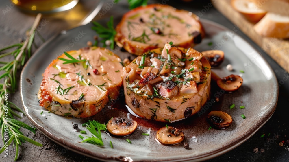 A plate of meat and mushrooms served with bread. Perfect for food blogs or restaurant menus A plate of meat and mushrooms served with bread. Perfect for food blogs or restaurant menus