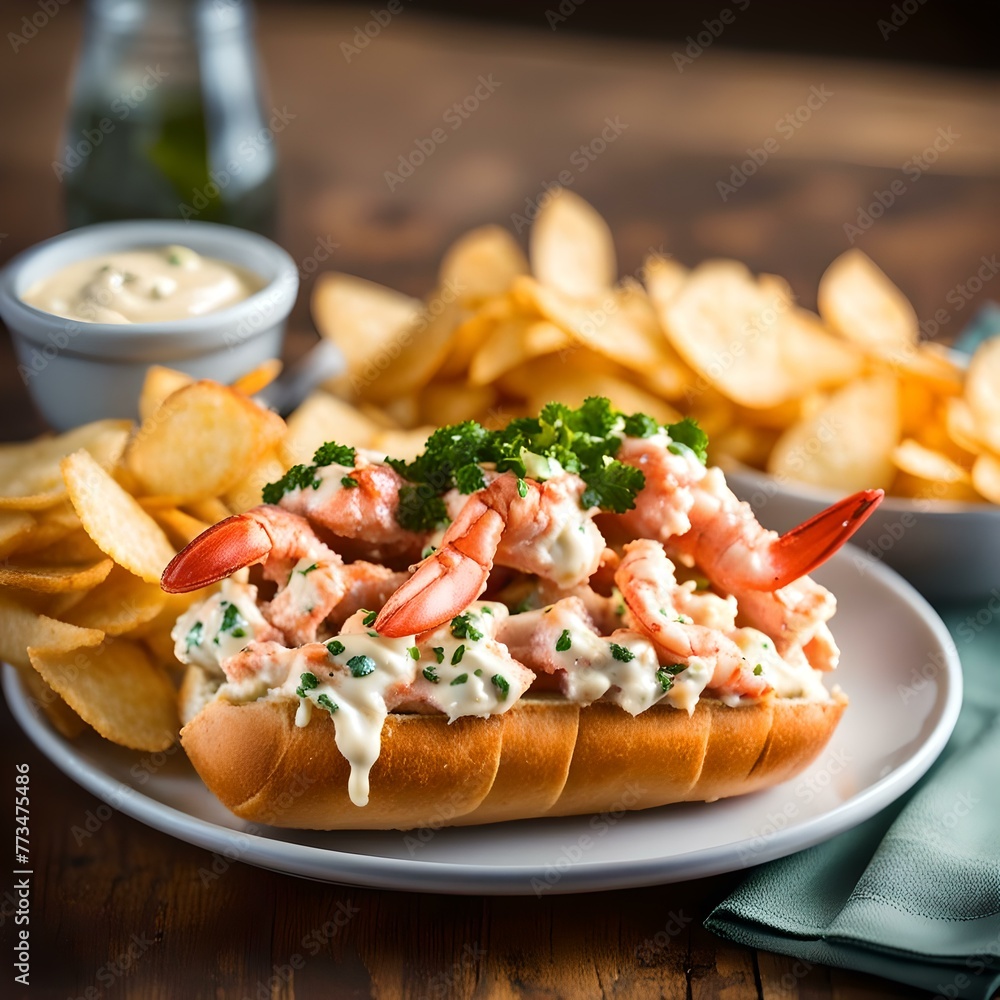 lobster roll tossed with mayo and parsley with potato chips on side on a plate. lobster roll tossed with mayo and parsley with potato chips on side on a plate.