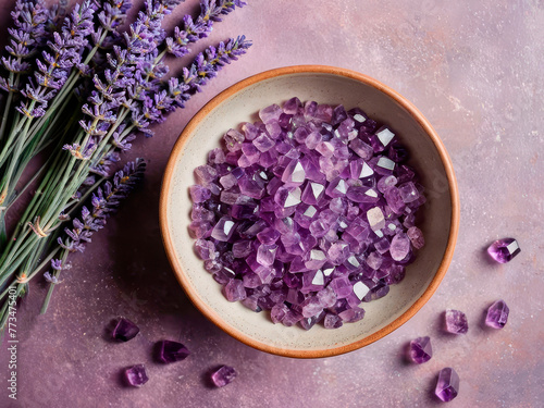 A bowl with purple amethyst crystals and lavender, flat lay