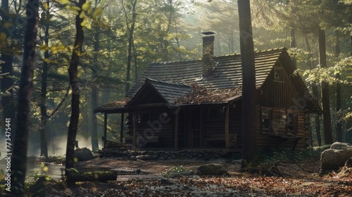 A serene log cabin surrounded by fog. Ideal for nature and relaxation concepts © Fotograf