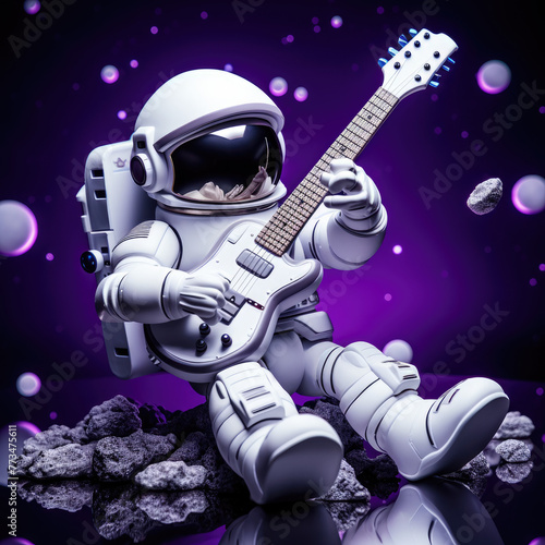 3d tiny cute robot astronaut mascot character with spaceman suit playing guitar, standing, posing, walking and floating in space, with universe background. Science , Futuristic and Technology concept