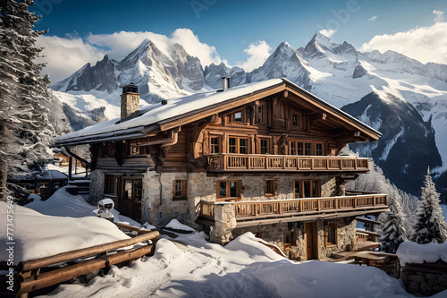 Transport viewers to a picturesque alpine setting with a charming chalet nestled amidst snow-covered mountains. 