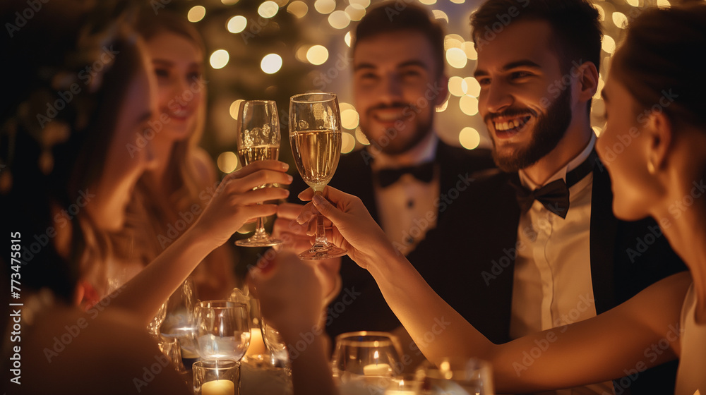 A group of students, elegantly dressed in black tie attire, sharing a toast under the soft glow of fairy lights, the ambiance reflecting the sophistication of the evening, natural - obrazy, fototapety, plakaty 