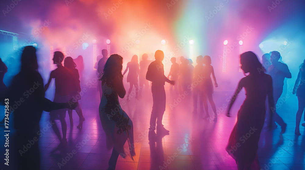 A lively scene of students hitting the dance floor, the DJ's lights casting colorful shadows on their elegant attire, the energy and movement symbolizing the joy and freedom of con