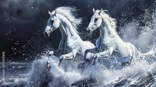 White horses galloping in ocean waves - Two majestic white horses captured in motion, splashing through the ocean waves with power and grace photo