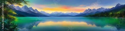 Abstract midsummer watercolor blurred landscape of mountain lake at sunset in delicate pastel colors. Abstract background for design  place for text. 