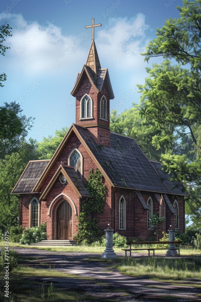 A serene painting of a church nestled in a forest. Ideal for religious or nature-themed projects A serene painting of a church nestled in a forest. Ideal for religious or nature-themed projects