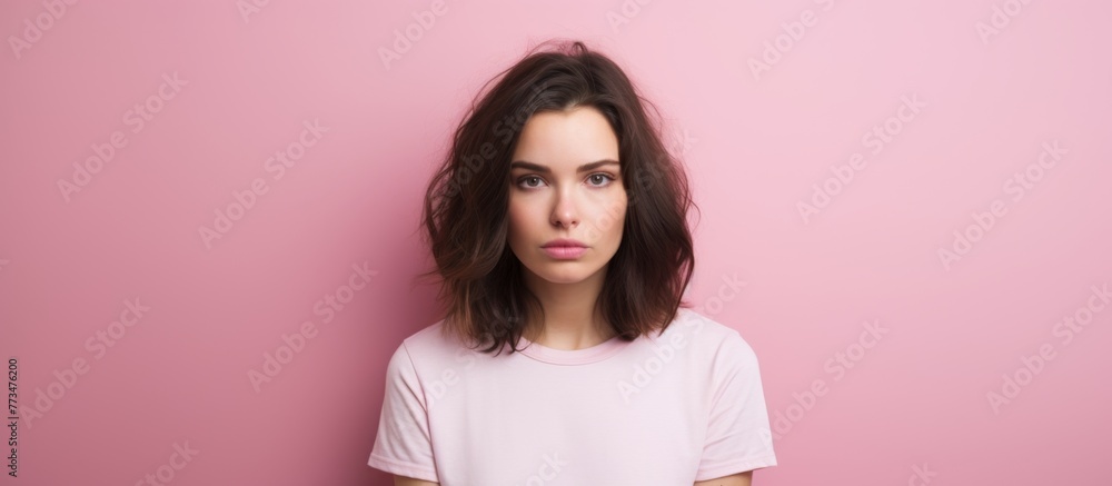 A portrait of a young woman with a serious expression on her face, looking directly at the camera A portrait of a young woman with a serious expression on her face, looking directly at the camera