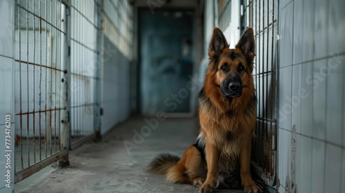 A dog sitting in a jail cell. Suitable for crime or animal welfare themes