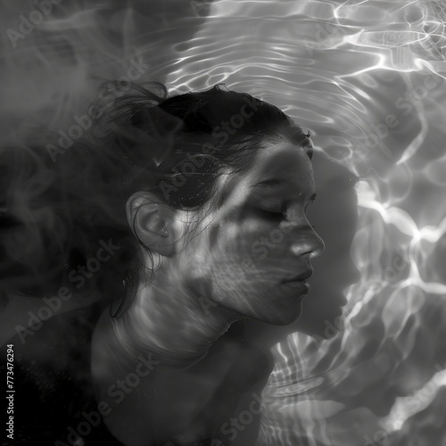 Woman submerged in water with flowing hair - An ethereal image of a woman, seemingly submerged in water, with light patterns dancing around her and her hair flowing freely