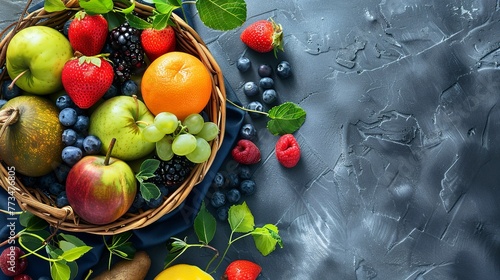 fresh summer fruits in basket background with copy space photo