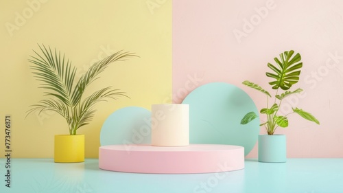 Pastel podium with plants on dual-tone backdrop - Contemporary display podium with tropical plants against a dual-tone pastel background, fresh and aesthetic