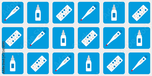Square Pattern of medicines - packaging of pills, thermometer, nasal drops. Tiles of vitamins, tablets, drugs. Health. Pharmacy, pharmaceuticals. Color image - blue, white. Vector illustration