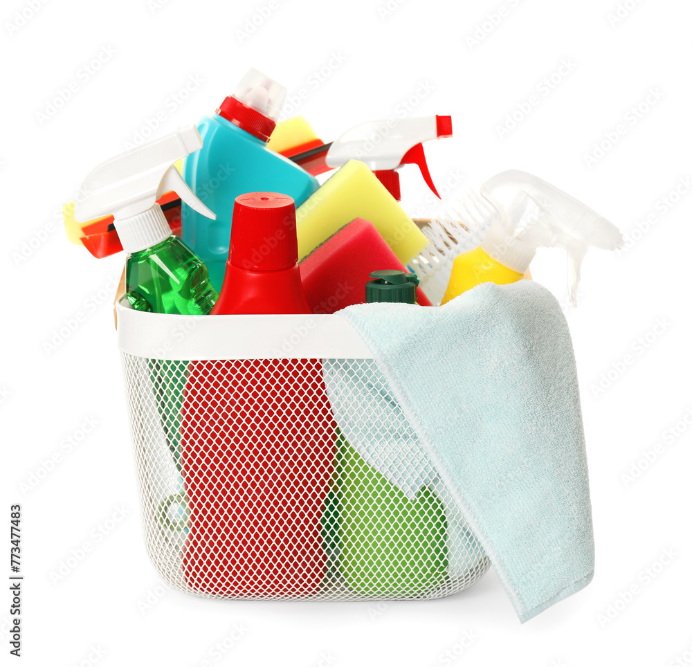 Different cleaning products in basket isolated on white Different cleaning products in basket isolated on white