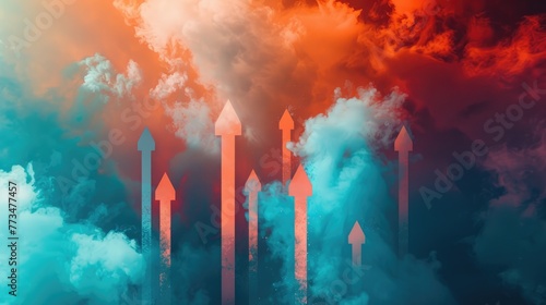 Abstract dynamic arrows taking off in a cloud of smoke. Business success, development and progress, moving forward concept