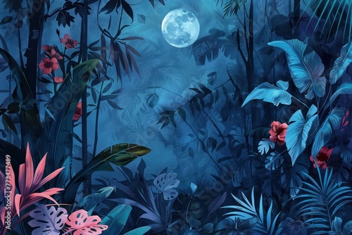 Artistic illustration of a moonlit jungle with vivid blue tones and tropical flowers.