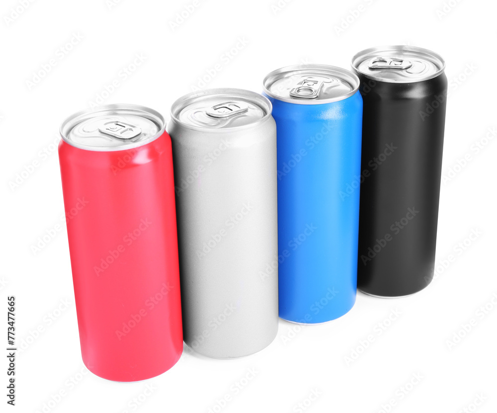 Energy drinks in colorful cans isolated on white Energy drinks in colorful cans isolated on white