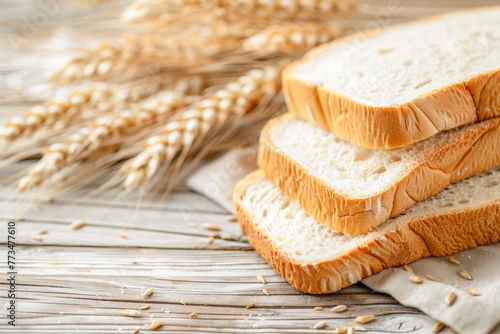 White cutted bread and ears of wheat on a wooden background.