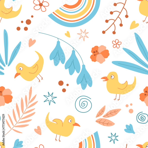 Seamless pattern with flowers, leaves, birds, hearts and rainbow on a white background. Vector illustration for textile, wallpaper, wrapping.