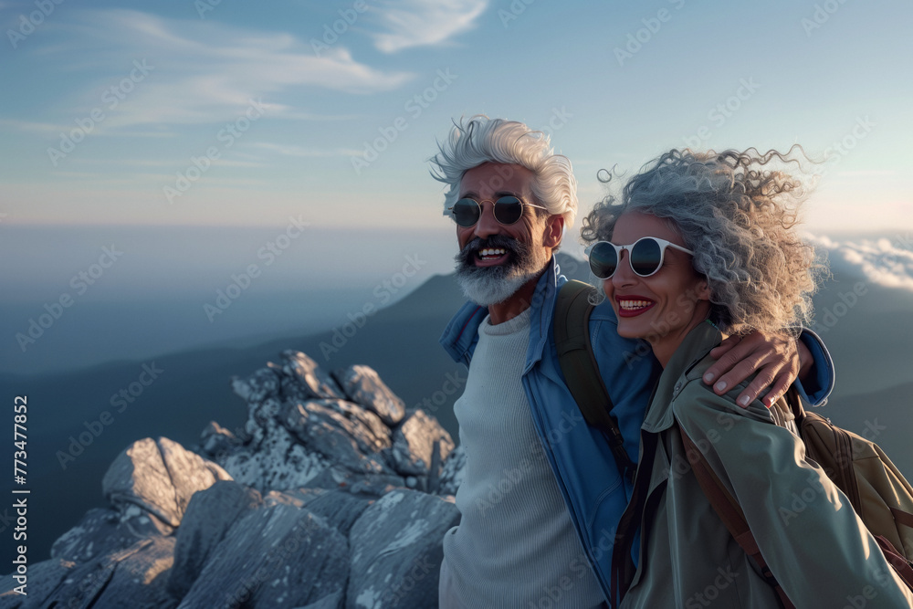A joyous mature couple embraces while standing on a rugged mountain terrain, their faces lit by the soft glow of sunrise.