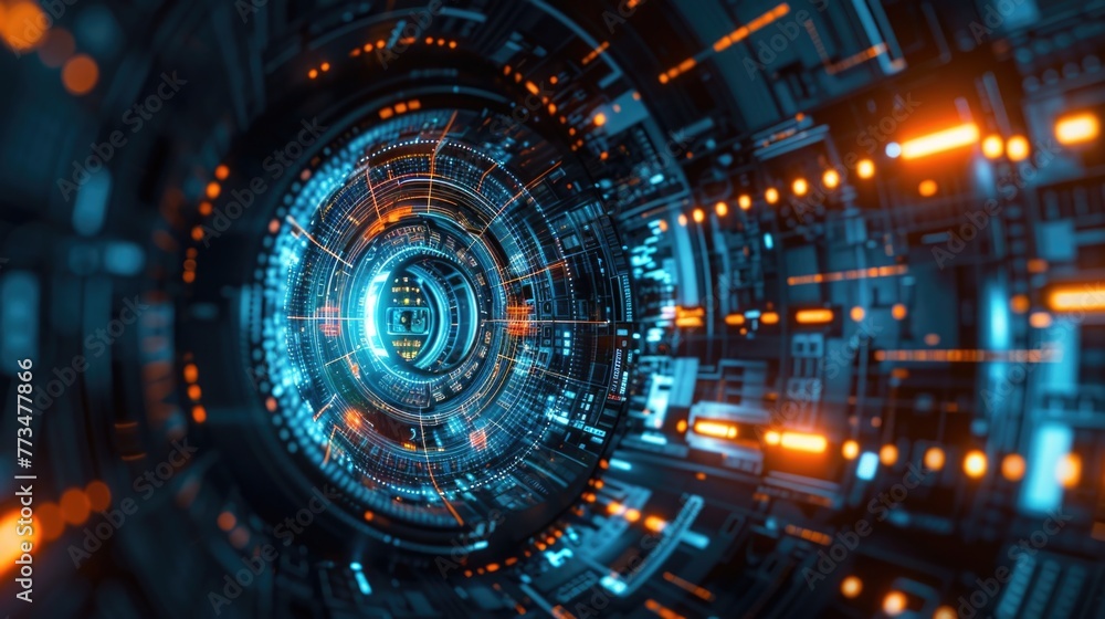 Fototapeta premium A futuristic tunnel with vibrant blue and orange lights. Perfect for technology or transportation concepts