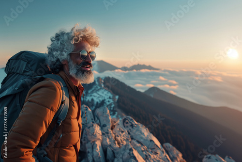 A senior hiker with a bushy beard smiles at the break of dawn, feeling the serenity atop a rugged mountain peak.Exploration and adventure trips for single men photo