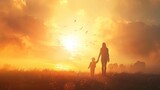 International Children's Day. Hand-in-hand, adult and child walk towards a hopeful sunrise, ideal imagery for Child Protection Day