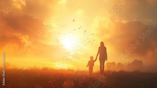International Children's Day. Hand-in-hand, adult and child walk towards a hopeful sunrise, ideal imagery for Child Protection Day