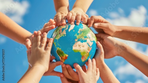 International Children's Day. Children from around the world hold globes, showcasing unity against a blue sky on Children's Day #773478037