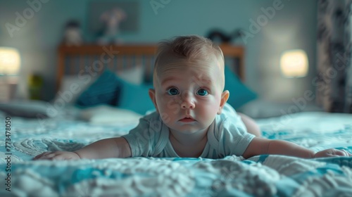 A cute baby laying on a bed. Perfect for family and lifestyle concepts