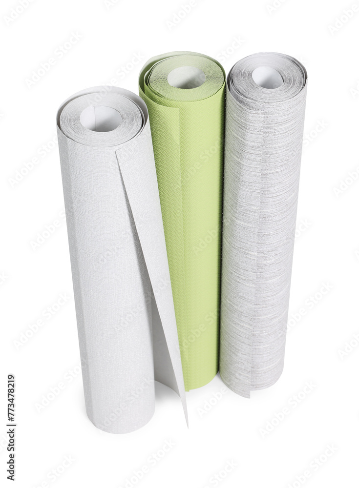 Three different wallpaper rolls isolated on white Three different wallpaper rolls isolated on white